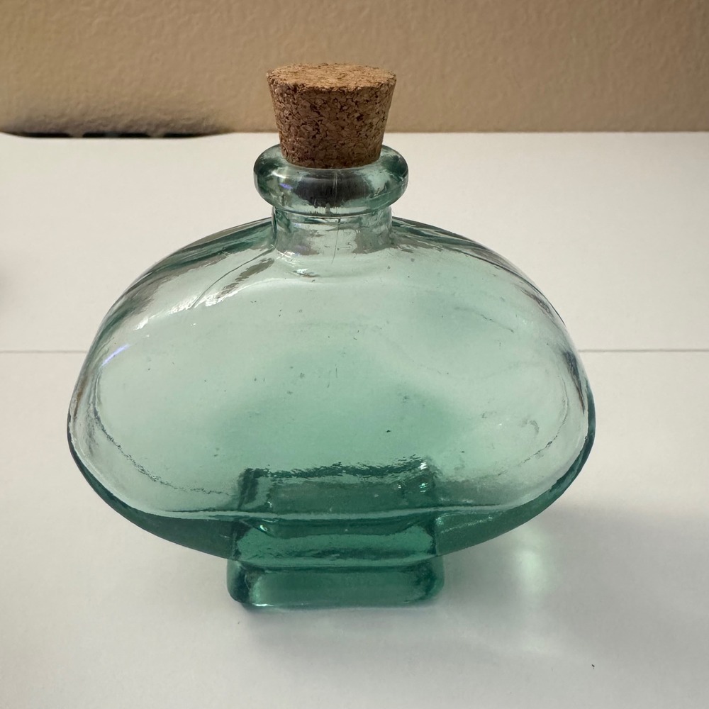 Vintage Aqua Green Glass Oval Decorative Bottle with Cork Stopper 4.5 Inch